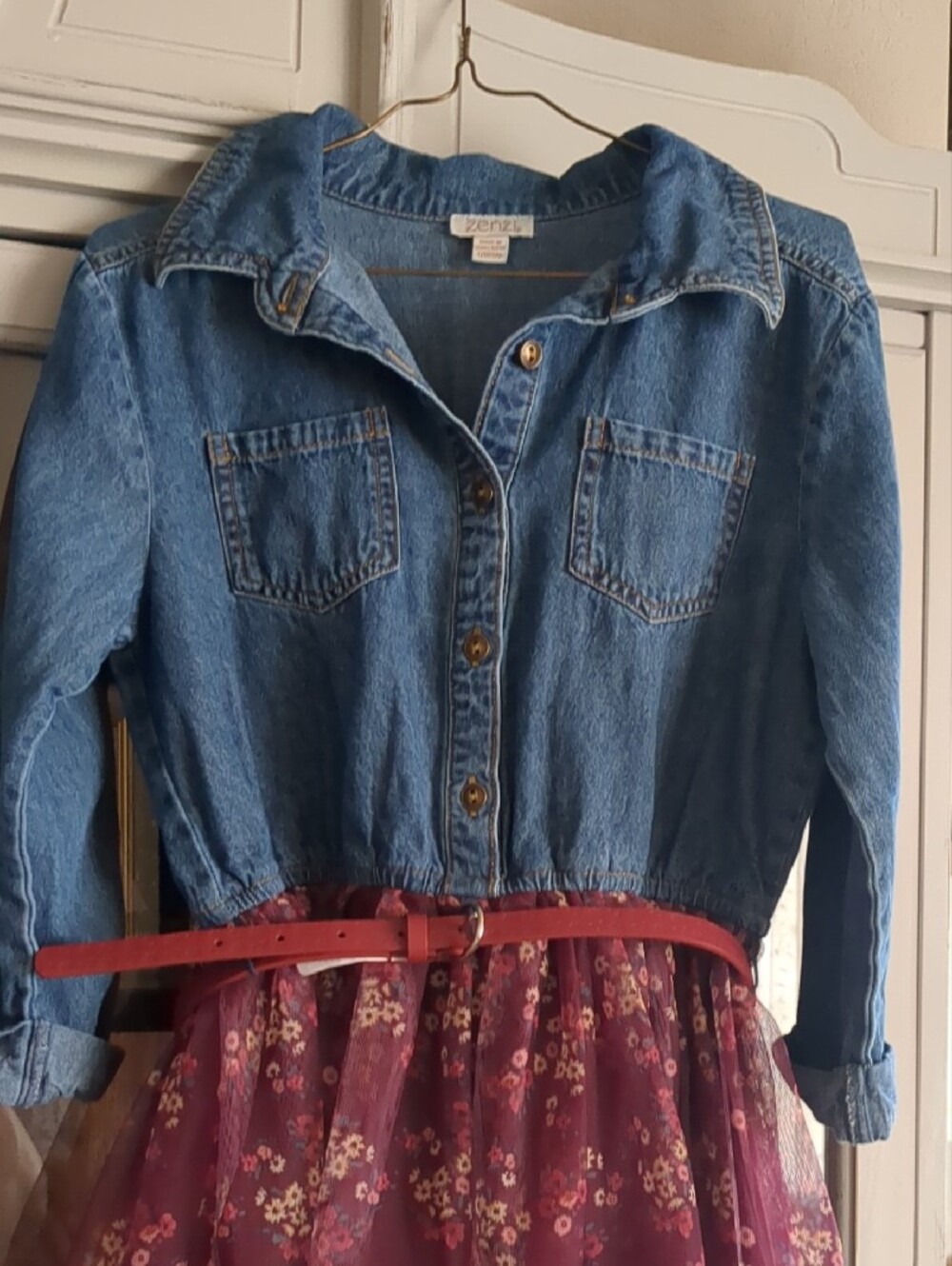 Girls' Denim Top w/Floral Tulle Dress & Belt